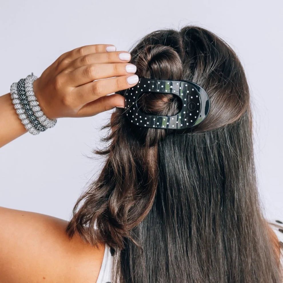 Black Polka Dot Party Medium Flat Round Hair Clip - Medium