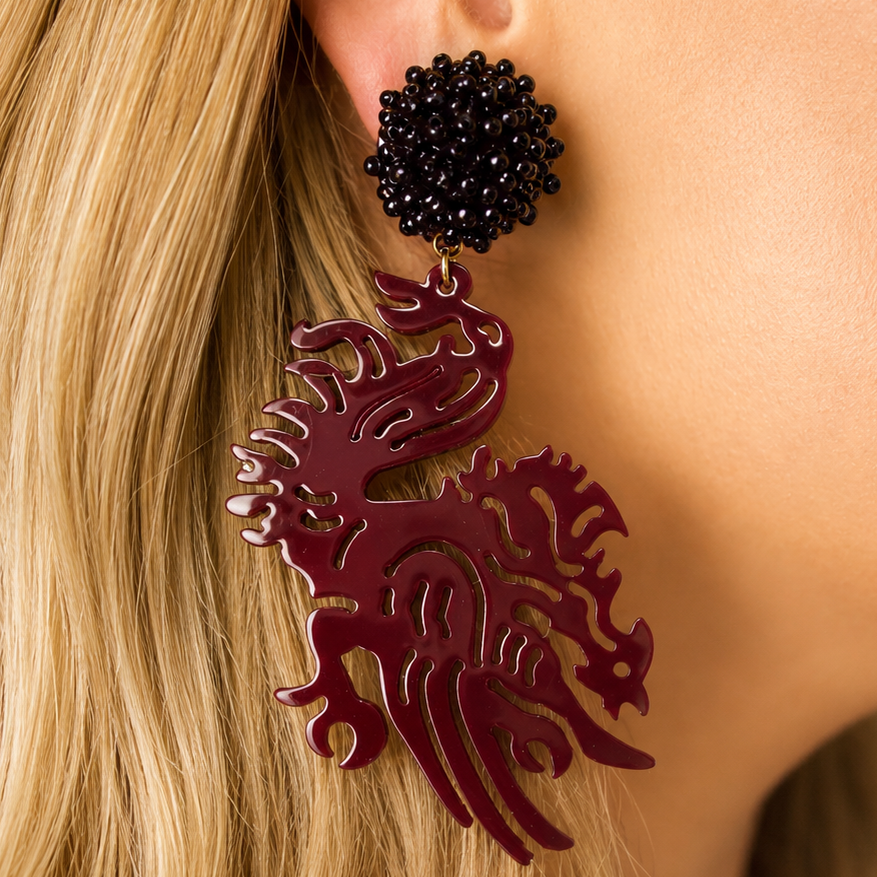 Beaded Gamecock Dangle Earrings