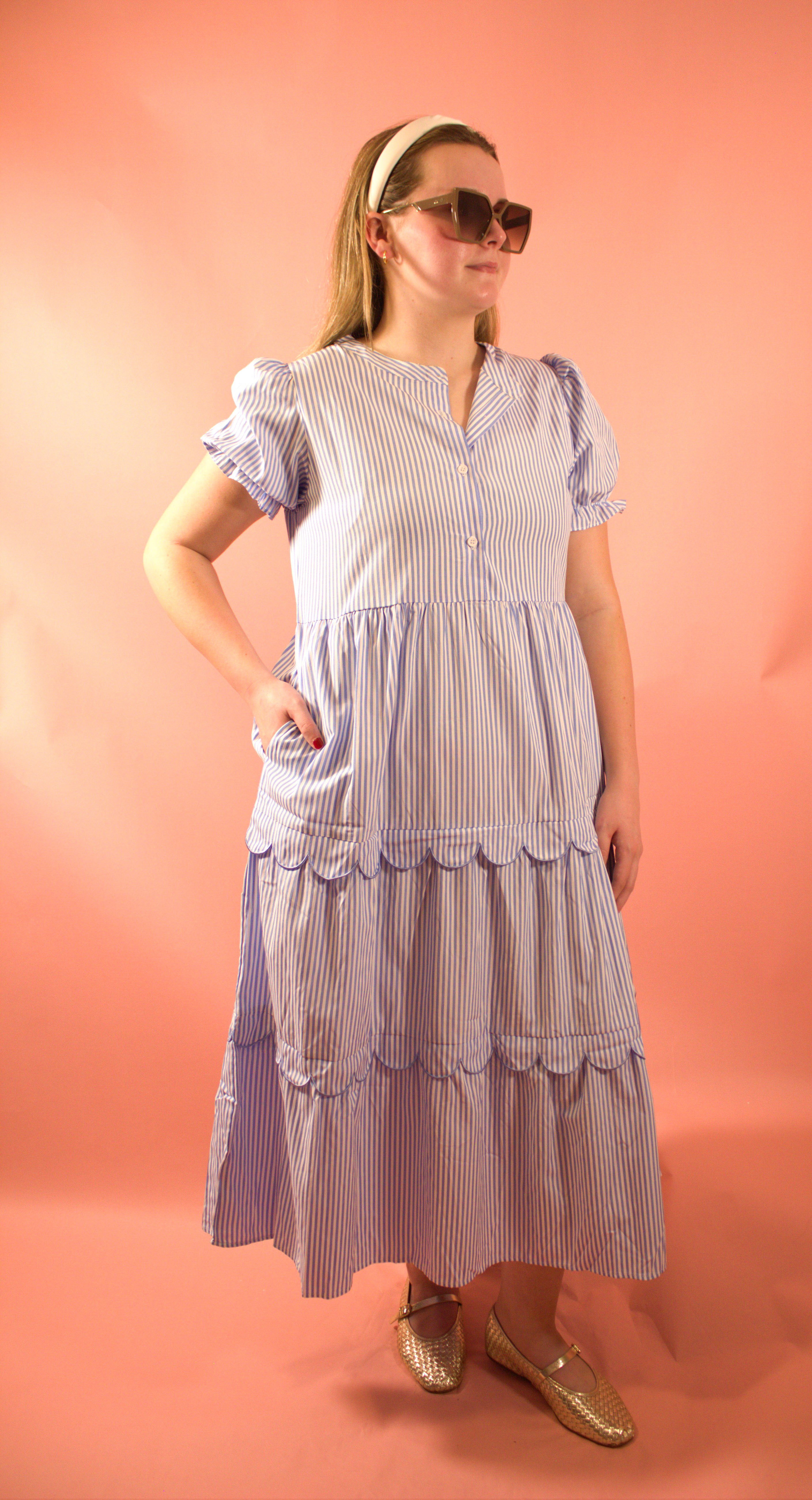 Blue Striped Scalloped Maxi Dress