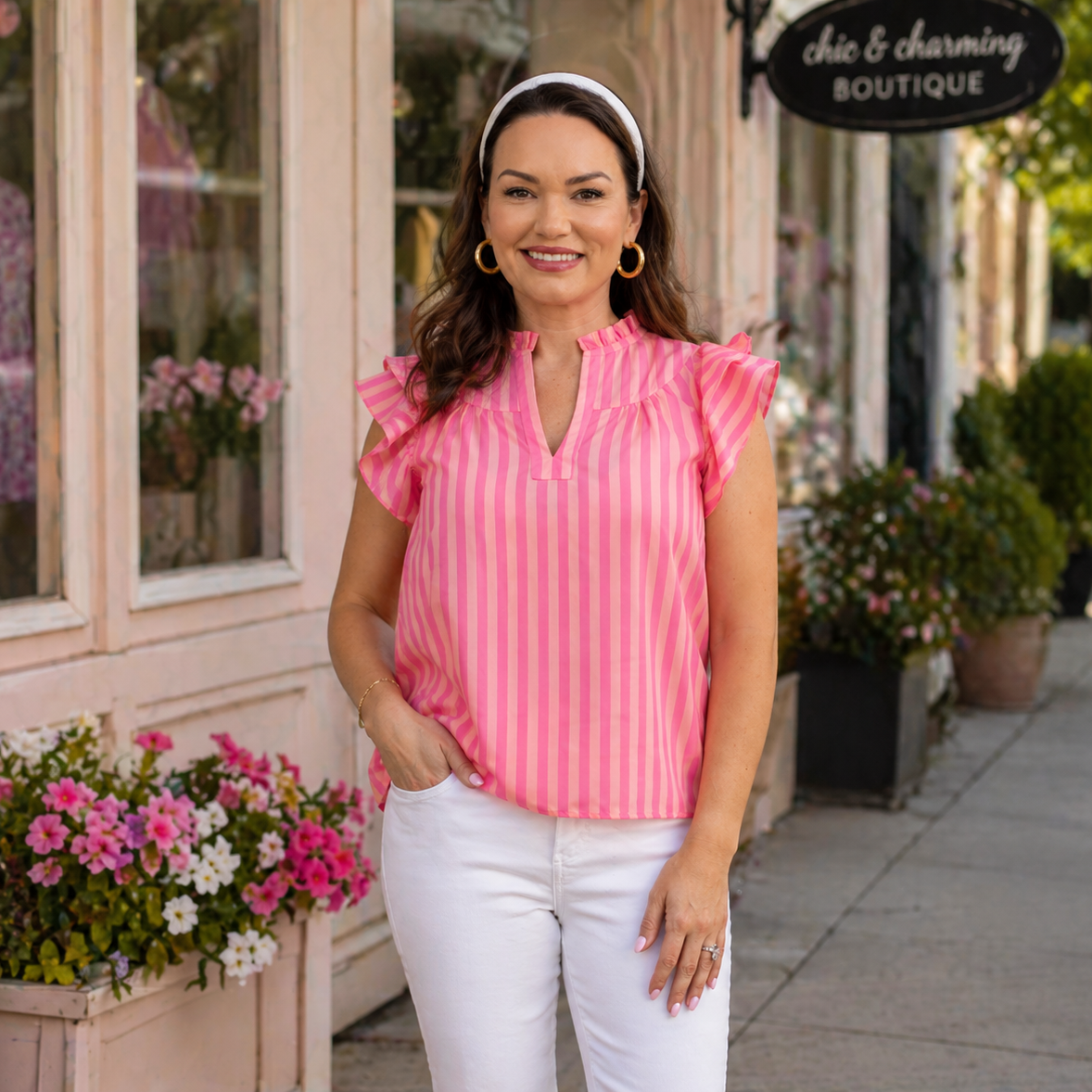 Rosy Harbor Stripe Flutter Top